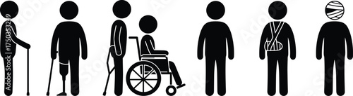 Disabled people icons set, injury and disability symbols, wheelchair, crutches, bandage, prosthetic leg, medical recovery, healthcare support, rehabilitation concept vector illustration