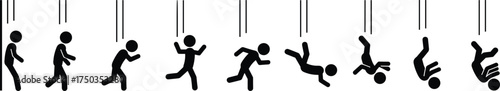 Falling person stick figure motion sequence, human falling stages, gravity, danger, accident, slip, failure, risk, and movement concept vector illustration