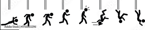 Falling person stick figure sequence illustration, man losing balance motion stages, gravity accident danger concept, human slip failure vector silhouette pictogram design