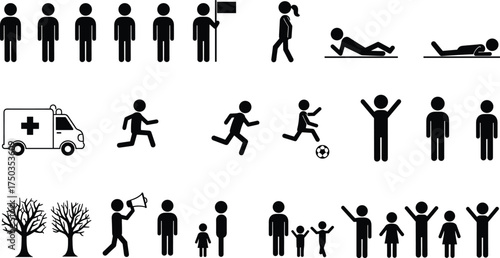 Human figures, activities, walking, running, playing, relaxing, emergency, trees, family, children, communication, outdoor lifestyle, teamwork, health, silhouette vector illustration design collection