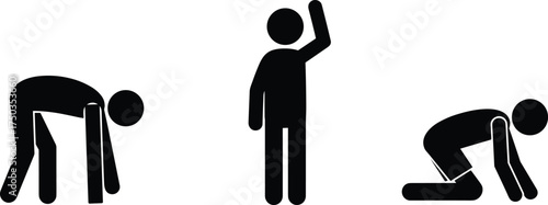 Human silhouette poses, stretching figure, greeting gesture, crawling posture, black vector illustration, body movement, physical activity, symbolic gesture, minimal design, white background