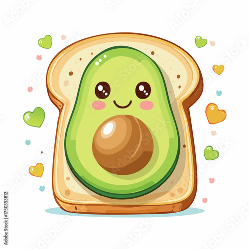 Cute avocado toast with a happy face on white background.