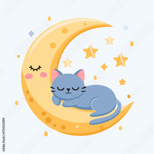 Cute blue cat sleeping peacefully on a smiling crescent moon.