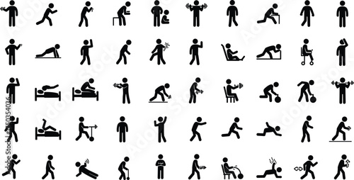 Physical therapy exercise stick figure icons, rehabilitation and fitness activity poses vector illustration, medical recovery, physiotherapy movement training symbols collection design