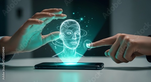 Hands interacting with a holographic human head projected from a smartphone on a white surface