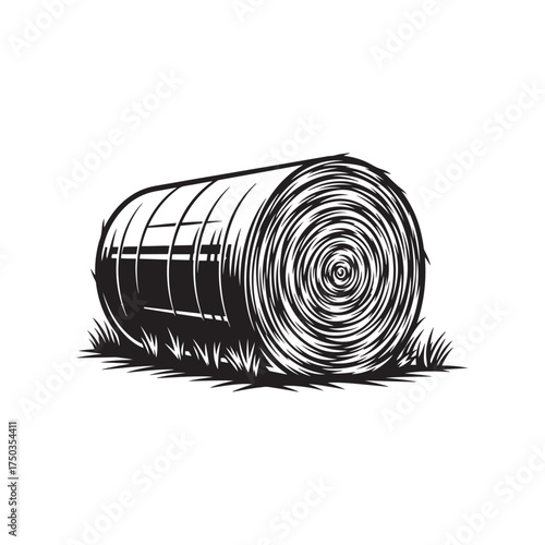 Thanksgivig Black and White Illustration of a Rolled Hay Bale on Grass Keywords: hay bale, hay, straw, agriculture, farm, farming, rural