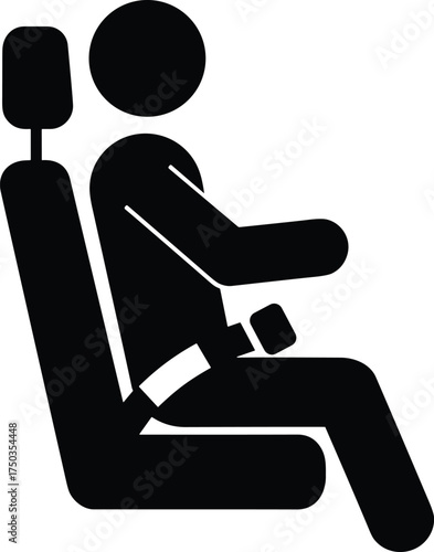 Seat belt safety icon, person sitting in car seat, wearing seatbelt, road safety symbol, transportation security vector illustration, driving awareness design