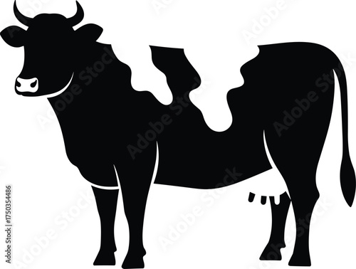 Silhouette of dairy cow with unique milk splash pattern, farm animal vector, black and white illustration, agriculture design, livestock concept