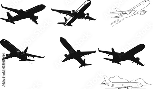 Airplane silhouette vector set, aircraft illustrations in flight and takeoff, aviation design elements, jet plane views for commercial use