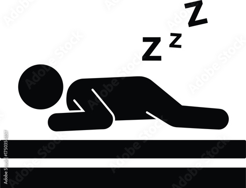 Sleeping stick figure person on bed, simple black silhouette illustration showing rest, relaxation, bedtime concept, vector design for sleep, comfort, and health