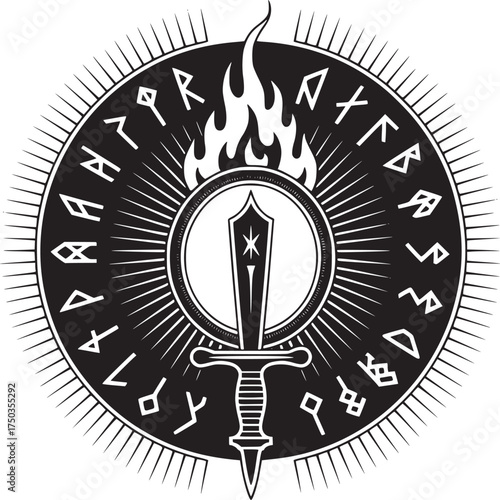 Powerful Viking sword with runes and flames for fantasy games, heraldry, or mystical designs