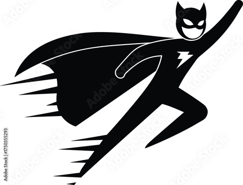 Superhero flying action silhouette illustration, masked hero with cape and lightning symbol, dynamic comic style vector design representing power, speed, courage, and strength