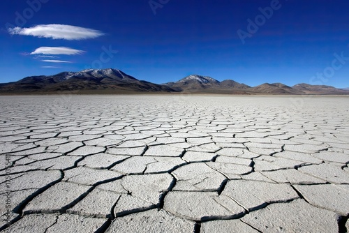 Cracked earth under vibrant blue sky meets distant snowy mountains