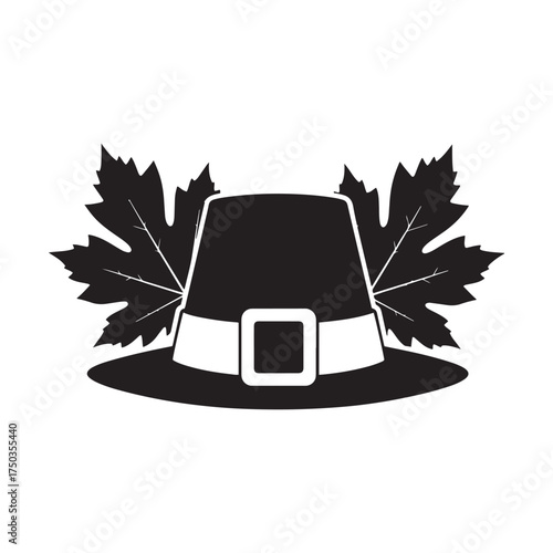 Thanksgivig Black Silhouette of a Pilgrim Hat with Buckle and Maple Leaves vector illustration