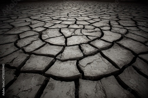 Arid earth, cracked, dry ground surface textures in black and white