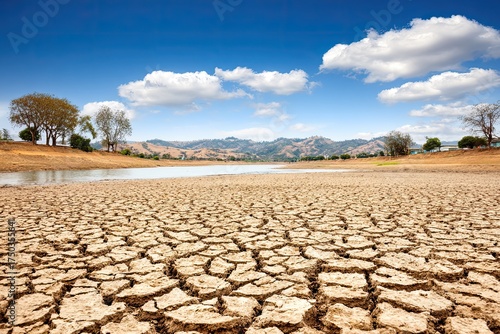 Dry, cracked earth meets water under a bright sky, distant hills