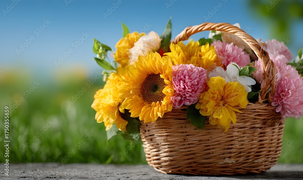 Fototapeta premium A woven basket filled with exquisite flowers, brightly colored sunflowers