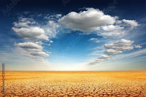 Barren field meets vibrant sky with puffy clouds