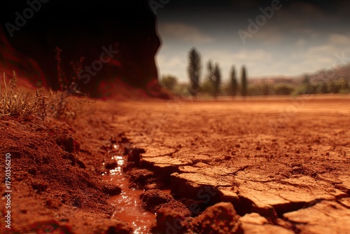 Cracked earth with water and distant trees under a cloudy sky
