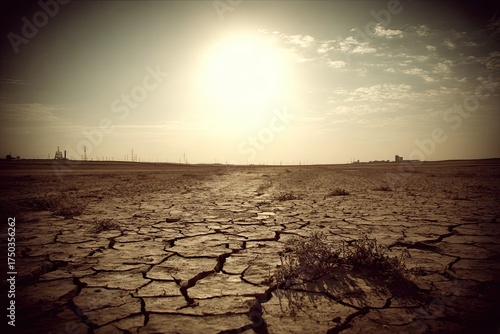 Barren cracked earth stretches under a hot sun, distant structures