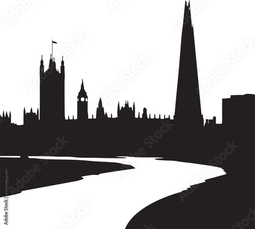 Black silhouette of London skyline with river Thames in foreground black and white 1