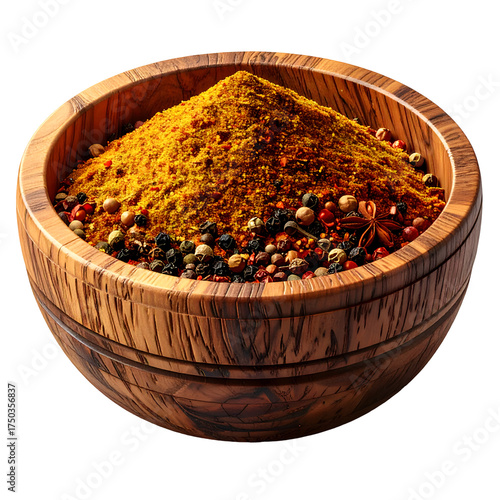 Wallpaper Mural Vibrant Spices in Wooden Bowl: Aromatic Curry Powder, Peppercorns & Star Anise on Black Background for Gourmet Cooking & Culinary Creations Torontodigital.ca