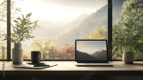 Serene Workspace with Laptop and Plants Overlooking Scenic Mountains