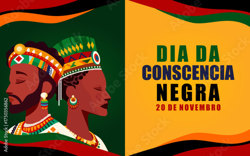 Dia da Consciencia Negra banner with couple. Translation Black Awareness Day. Dia da Consciencia Negra illustration in flat design. Great for posters, banners, cards and social media.