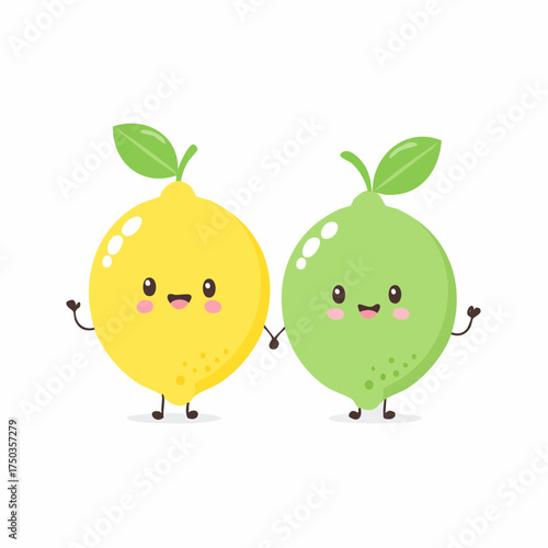 Cute cartoon lemon and lime holding hands together with smiles.