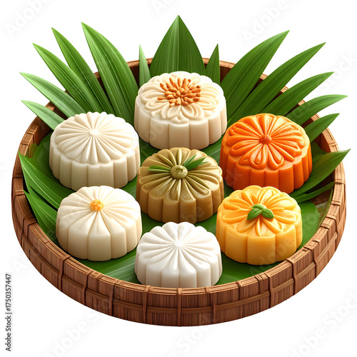 Wallpaper Mural Assorted Mooncakes in Woven Basket on Banana Leaves - Traditional Mid-Autumn Festival Desserts with Intricate Floral Patterns Torontodigital.ca