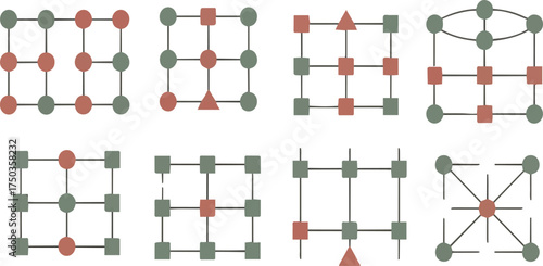 Collection of abstract geometric network diagrams with circles squares and triangles in muted red and green