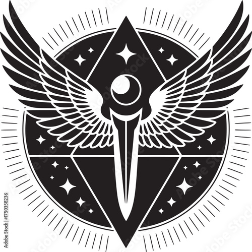 Striking winged sword emblem for gaming clan, fantasy novel, or heroic brand identity stands out