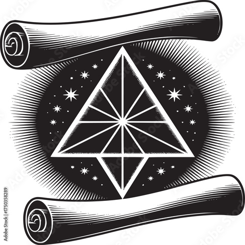 Unlock ancient secrets with this mystical triangle scroll design for your next creative project or magical invitation