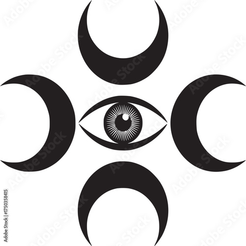 Mystical eye with moon phases in elegant black and white design for spiritual or new age projects
