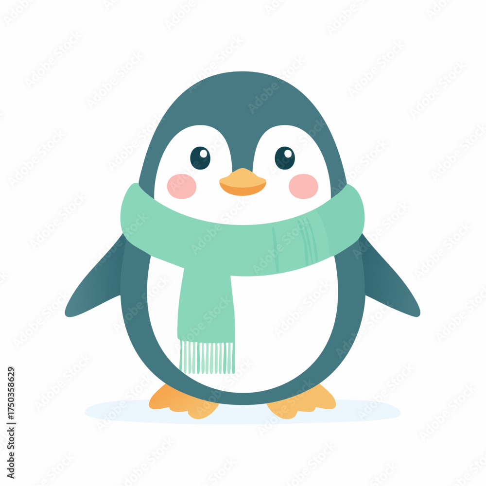 Fototapeta premium Cute Cartoon Penguin Wearing a Green Scarf on a White Background.