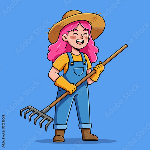 Smiling person with long pink hair in straw hat, yellow shirt, blue overalls, yellow gloves, and brown boots holding a rake, standing against a blue background.