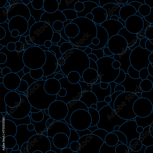 Seamless vector pattern of blue round circles randomly scattered on a black background, creating a vibrant and dynamic abstract design, vector illustration