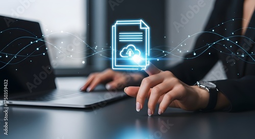 Wallpaper Mural Woman working on laptop with cloud document icon hovering above her hands in a digital environment Torontodigital.ca