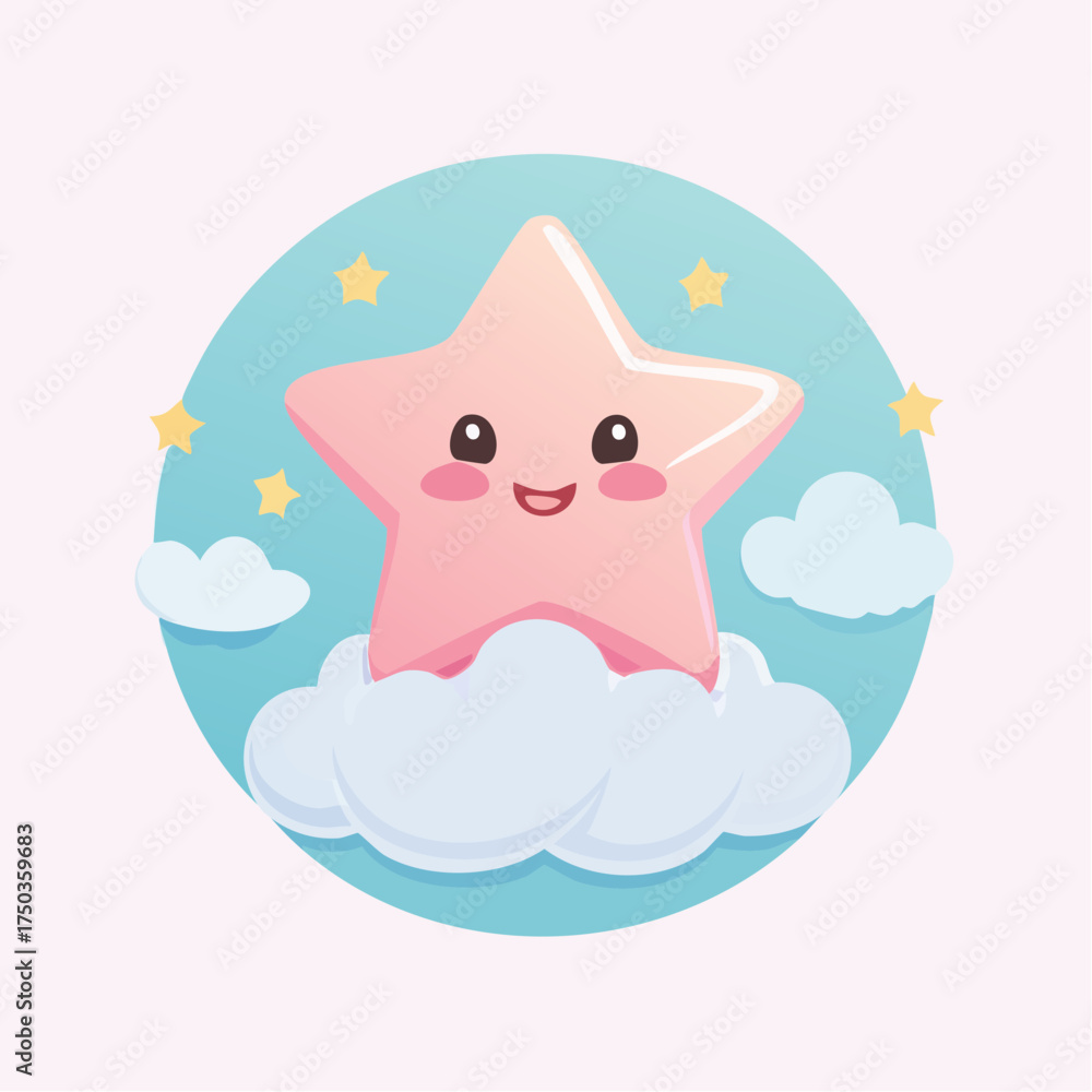 Fototapeta premium Cute cartoon star character sitting on clouds with stars.