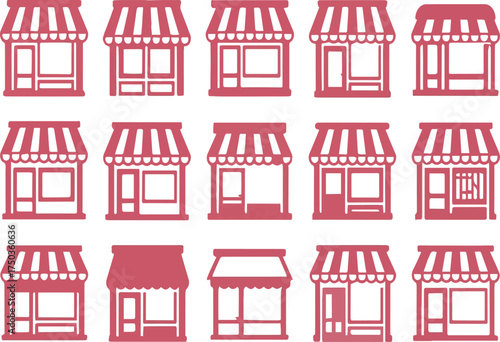 Collection of fifteen flat design icons representing various storefronts with awnings in a uniform pink hue