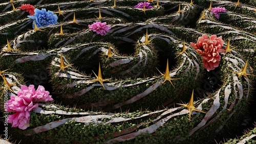 Vibrant Cactus Maze A Colorful and Intriguing Garden Design with Blooming Flowers and Spikes
