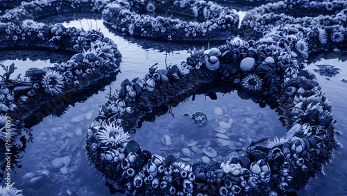 Underwater Floral Rings Abstract Blue Blooms Forming Circular Arrangements in Shallow Water