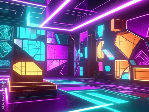 Futuristic Neon Room Interior with Geometric Shapes and Glowing Lights
