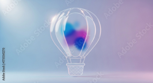 A transparent hot air balloon with colorful smoke inside against a blue and pink gradient background