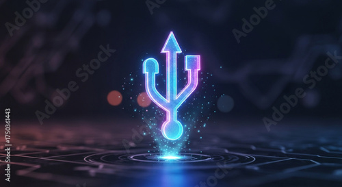 A glowing usb symbol with neon light on circuit board background creates a futuristic and hightech visual representation
