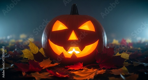 Glowing jack-o'-lantern with a carved face sits amidst colorful autumn leaves under a dark, foggy night sky.