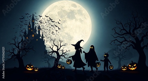 Children dressed in Halloween costumes trick-or-treating under a full moon, near a spooky castle with bats, surrounded by glowing pumpkins.