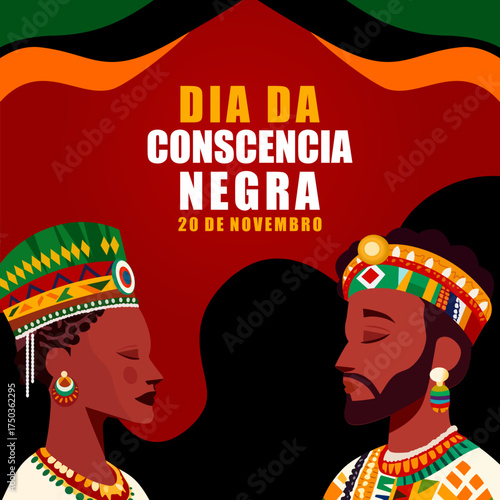 Dia da Consciencia Negra banner with couple. Translation Black Awareness Day. Dia da Consciencia Negra illustration in flat design. Great for posters, banners, cards and social media.