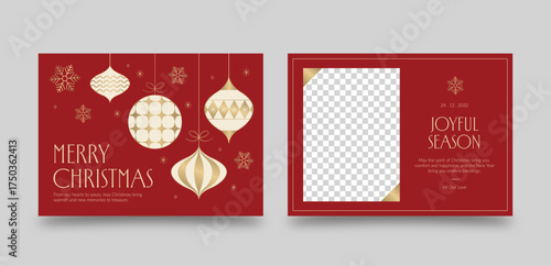 Luxury Christmas Photo Card with Gold Ornaments and Red Background – Elegant Holiday Flyer or Postcard Template