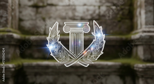 A silver emblem featuring a column and laurel wreath, set against an ancient stone wall background